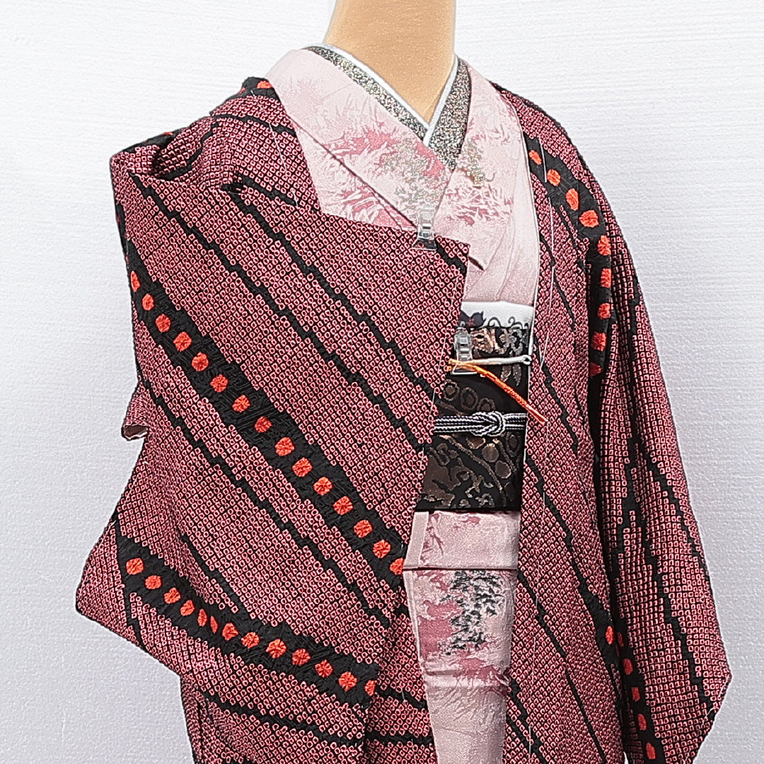 未使用品 羽織 袷 身丈78cm 裄丈61cm 正絹 Nランク カジュアル Sサイズ 紐あり 鹿の子柄 ピンク系 RP 1232-15320