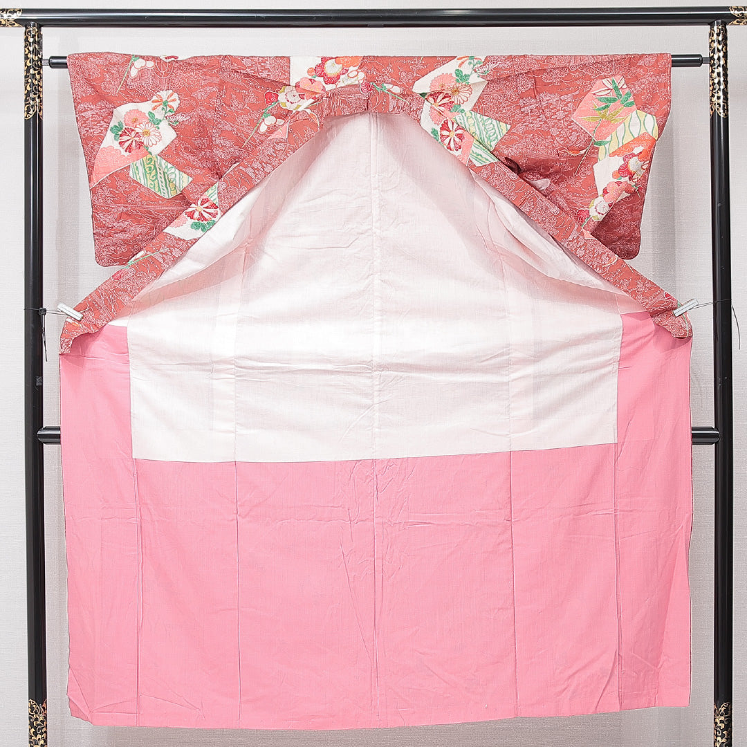 アンティーク 紬 袷 身丈149cm 裄丈60cm 正絹 Cランク バチ衿 XSサイズ 染め紬 立涌 笹 朱系 M4 1223-15158