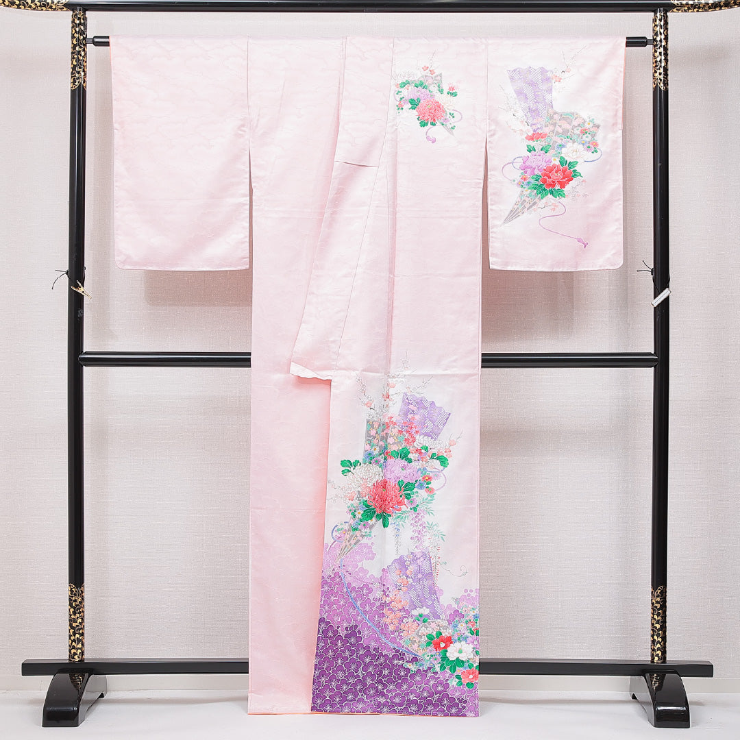 訪問着 袷 身丈163cm 裄丈65cm ポリエステル 洗える着物 Aランク セミフォーマル 広衿 Lサイズ 紋意匠 雲取り 古典柄 古典的 華やか ピンク系 HP 1217-15068