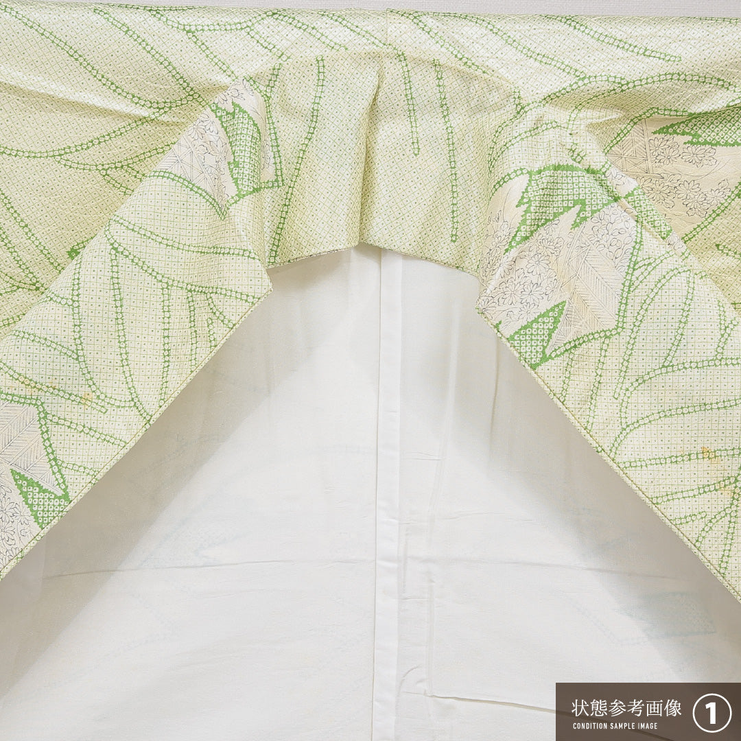 小紋 洗える着物 袷 身丈153cm 裄丈61cm ポリエステル Bランク Sサイズ 広衿 インフォーマル 古典柄 緑系 1215-15805