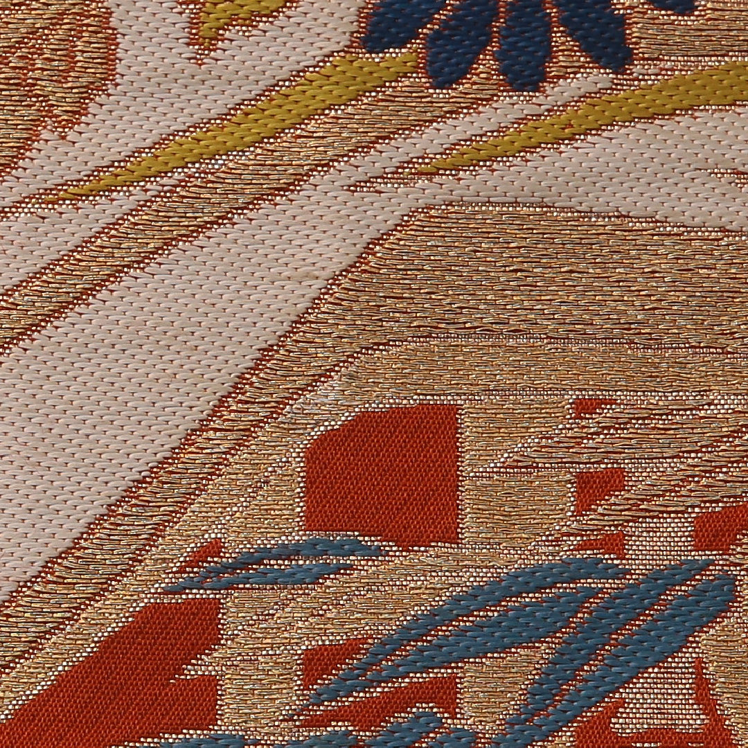 袋帯 帯丈400cm フォーマル 六通 未仕立て 帯芯なし Cランク 正絹 菱 菊 笹 朱系 金系 1223-01902