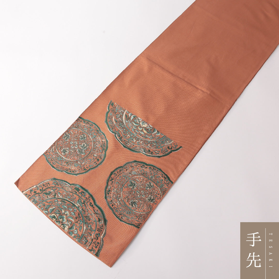 袋帯 帯丈400cm 正絹 六通 帯芯なし セミフォーマル 鏡裏文 朱系 1243-01824
