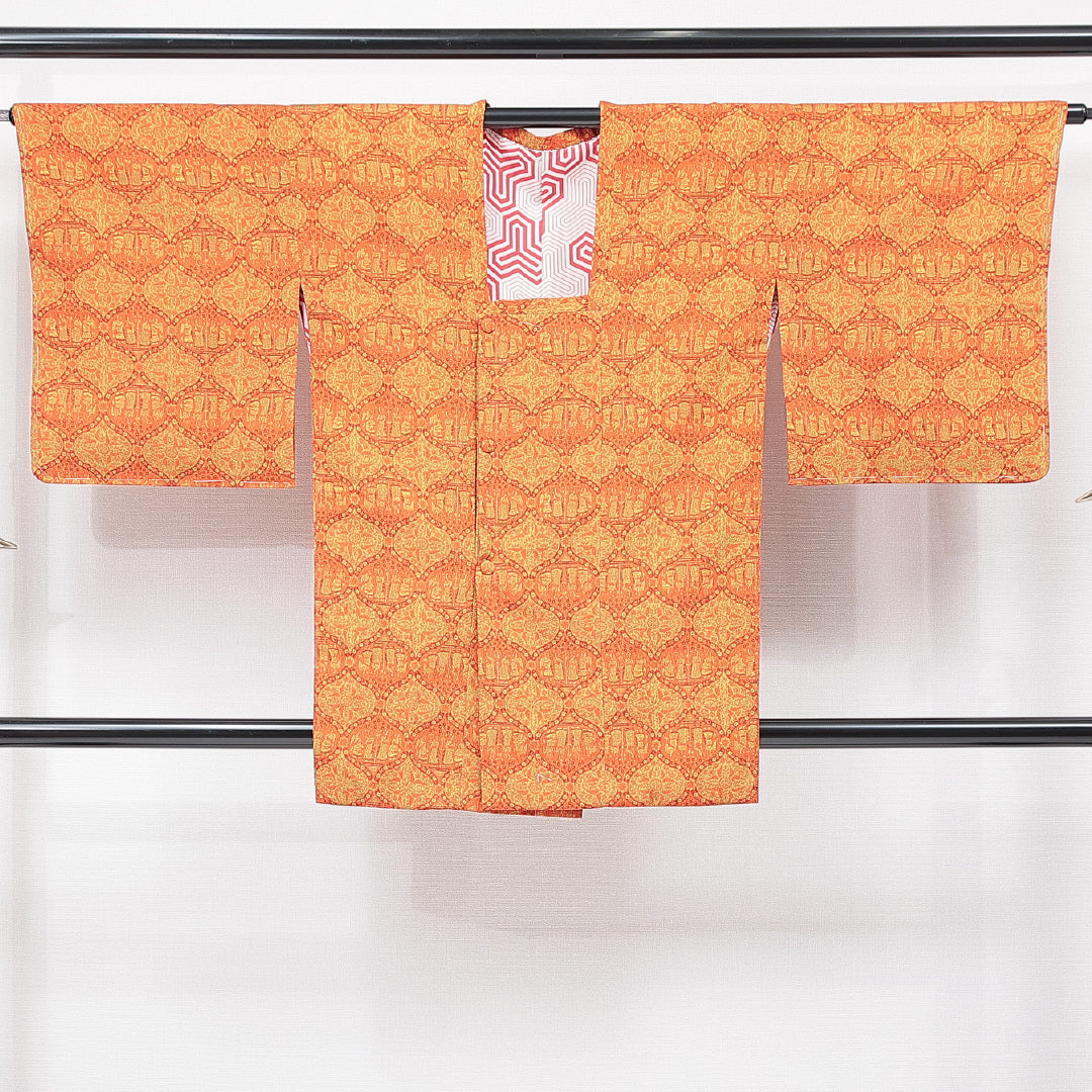 道行コート 袷 身丈88cm 裄丈32cm 正絹 Sランク Sサイズ フォーマル ポケットあり 創作柄 緑系 朱系 1263-15127