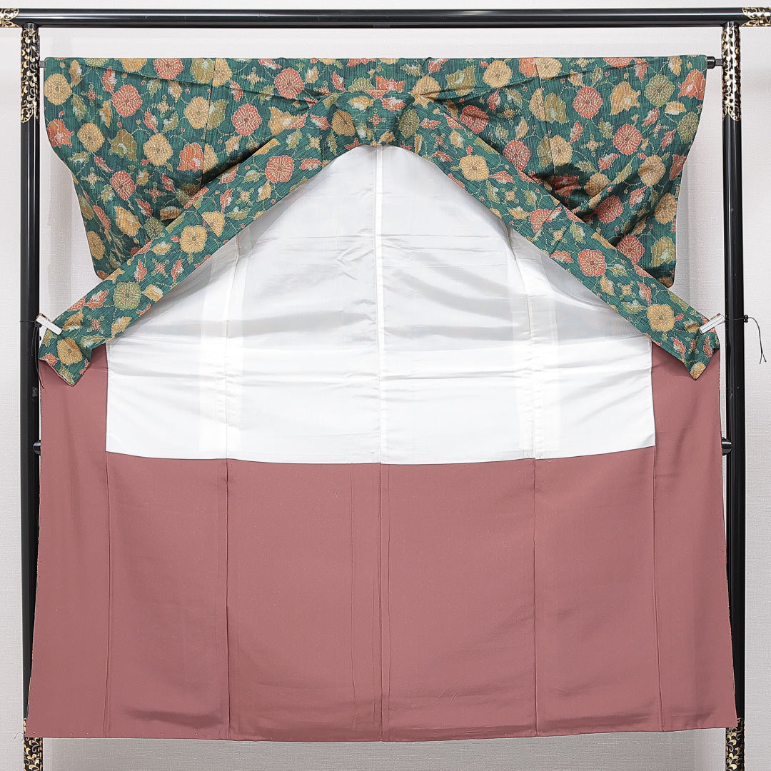 紬 袷 身丈150cm 裄丈65cm 正絹 Sランク カジュアル 広衿 Sサイズ 花柄 緑系 RP 1223-15110
