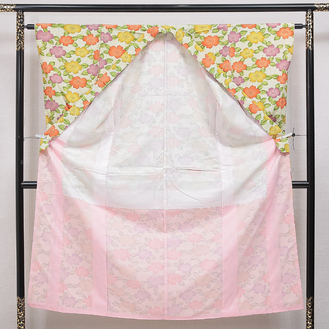 洗える着物 小紋 袷 身丈152cm 裄丈61cm ポリエステル Sランク インフォーマル バチ衿 Sサイズ 椿 クリーム系 RP 1221-16359