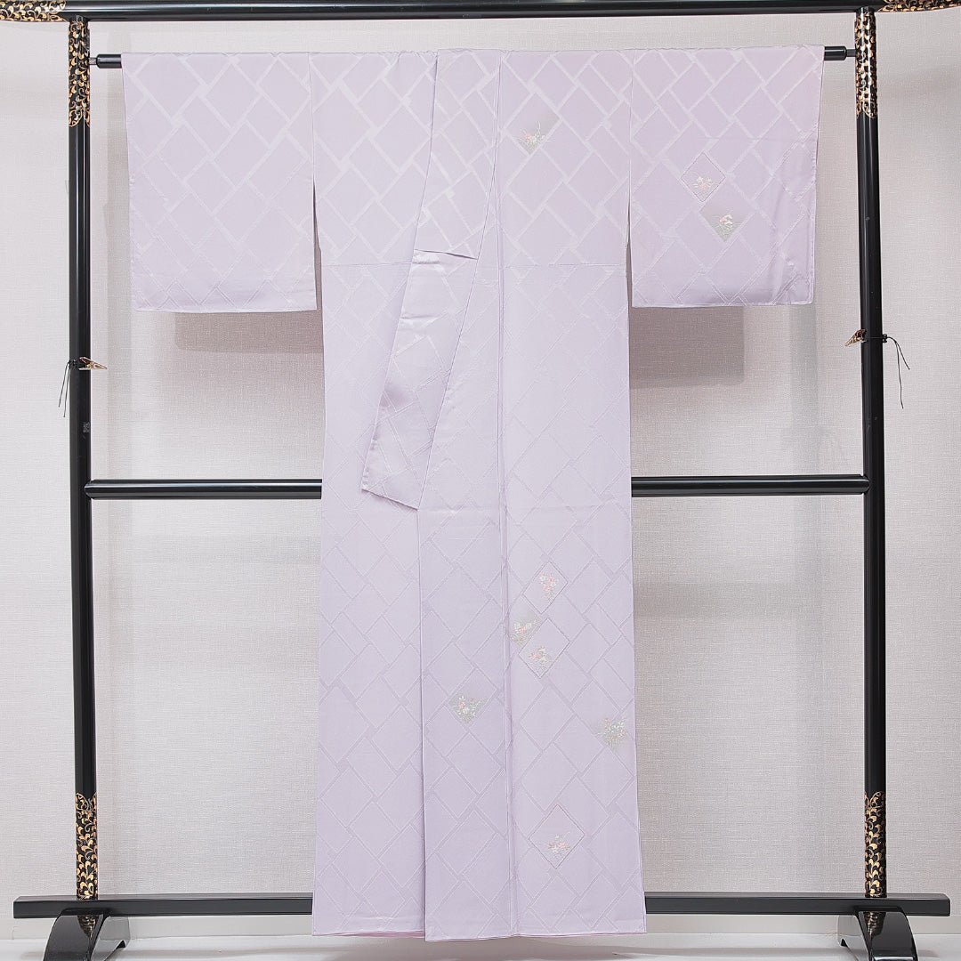 付下げ 袷 身丈156cm 裄丈65cm 正絹 Cランク 一つ紋 (桔梗) セミフォーマル 広衿 Mサイズ 刺繍 金駒刺繍 竜胆 笠松 紫系 HP 1218-15191