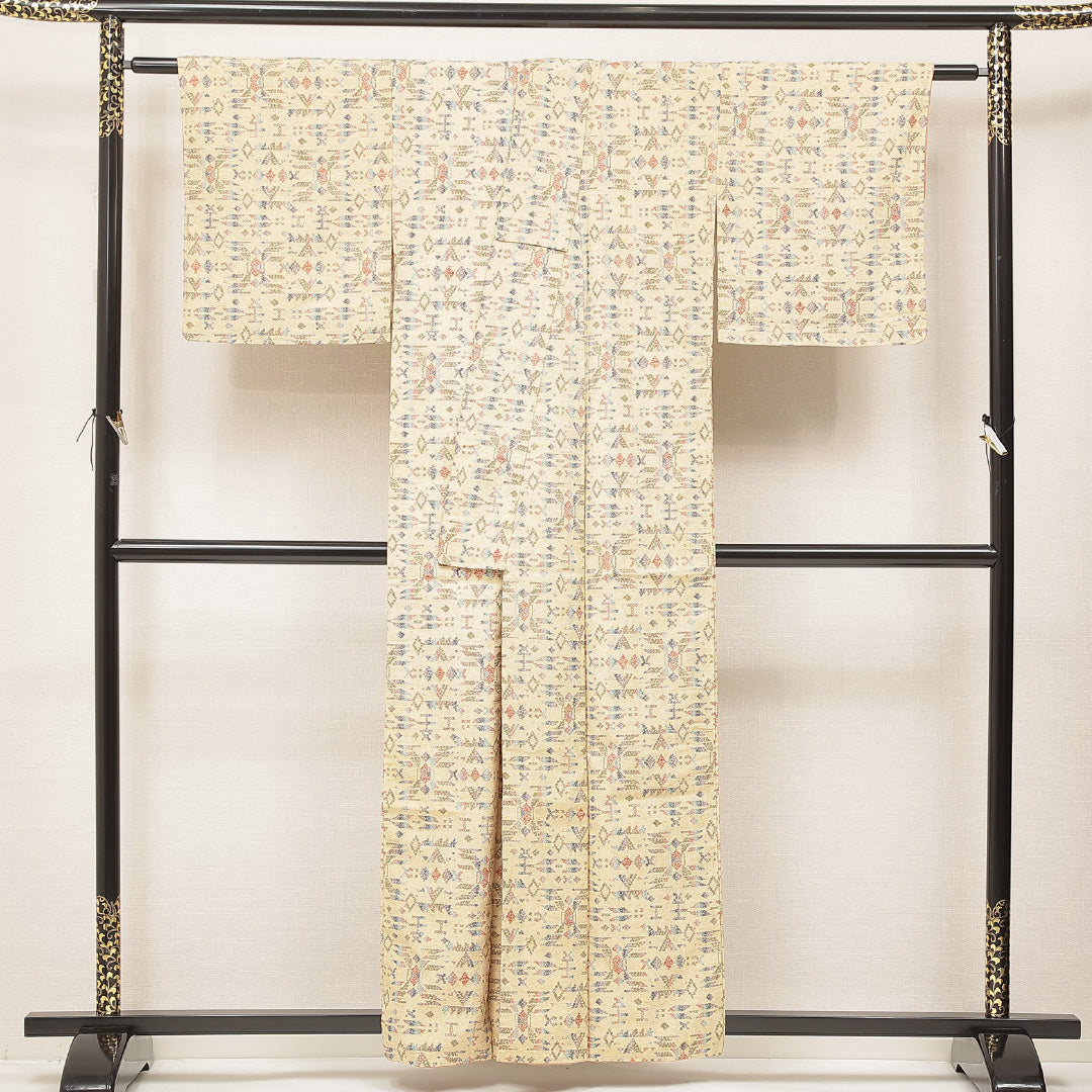 紬 袷 身丈157cm 裄丈63cm 正絹 Sランク カジュアル 広衿 Mサイズ 幾何学柄 ベージュ系 RP 1223-16912