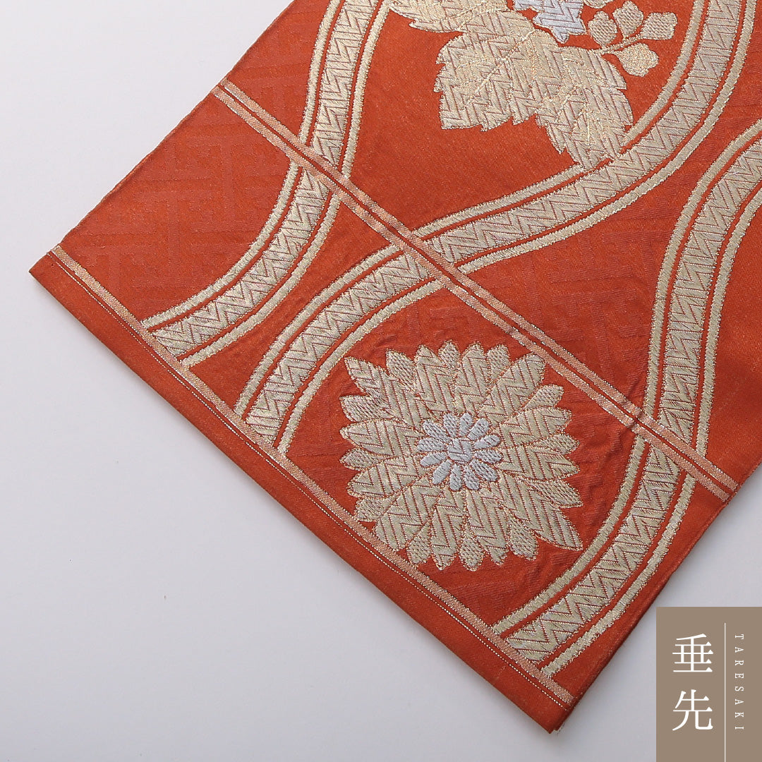 袋帯 帯丈408cm 正絹 六通 帯芯なし フォーマル 立涌 桐 吉祥文様 朱系 1243-02006