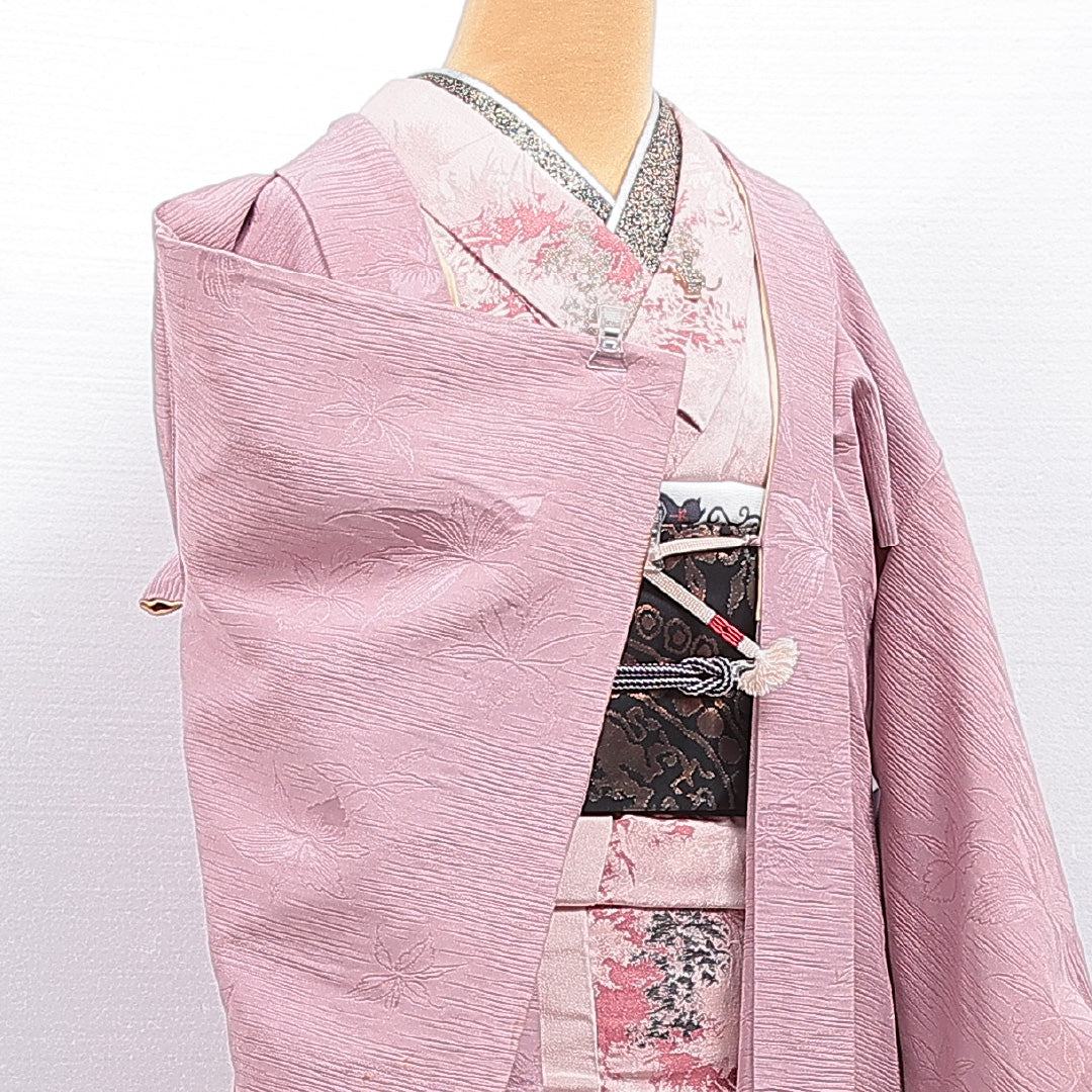 羽織 袷 身丈73cm 裄丈60cm 正絹 Cランク 紋意匠 (花柄) カジュアル Sサイズ 紐あり ピンク系 HP 1232-16455