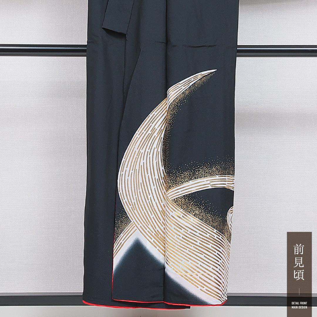 付下げ 洗える着物 単衣 身丈150cm 裄丈66cm ポリエステル Sランク Sサイズ バチ衿 インフォーマル 創作柄 黒系 1261-16282