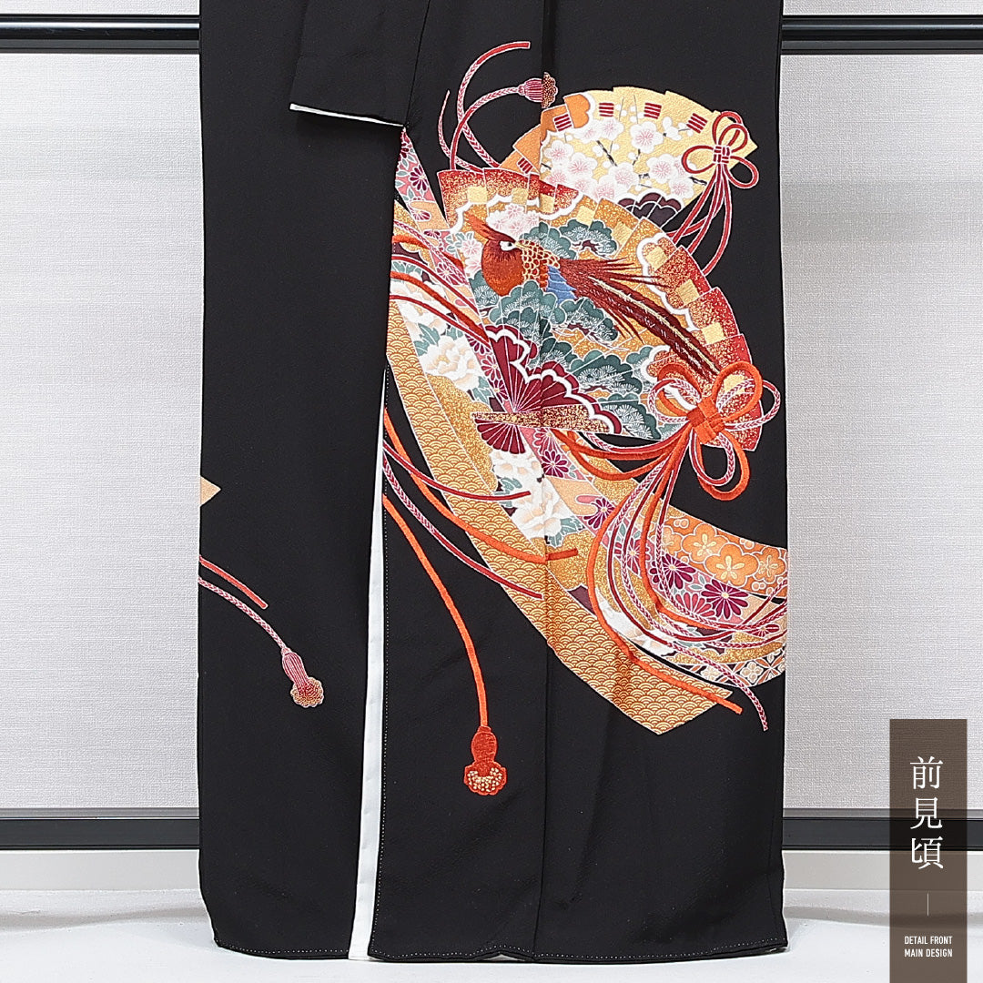 黒留袖 袷 身丈162cm 裄丈66cm 五つ紋 片喰 フォーマル Sランク Lサイズ 正絹 比翼仕立て 広衿 尾長鳥 扇 菊 蘇州刺繍 1211-F0660