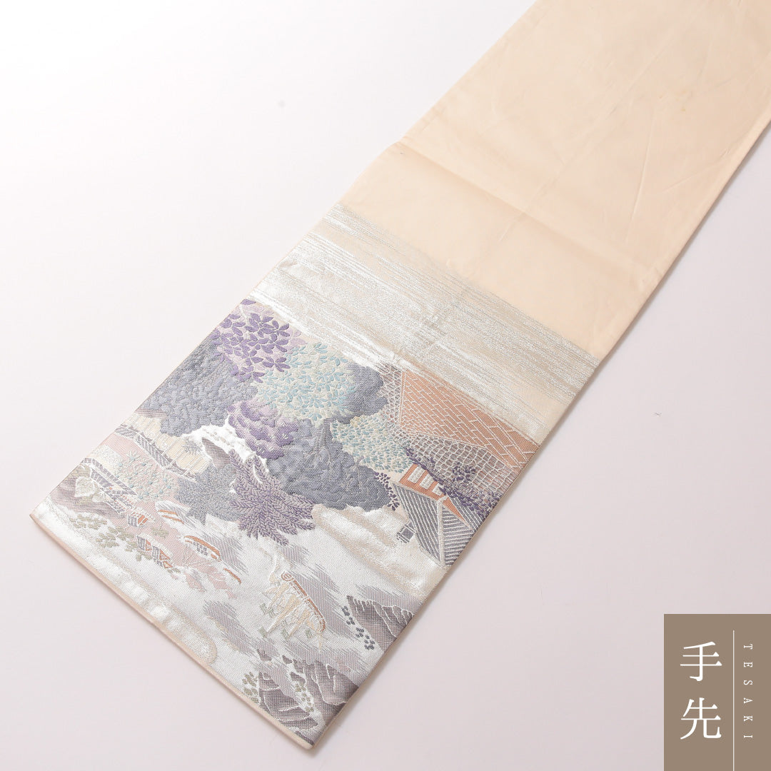 袋帯 帯丈428cm 正絹 六通 セミフォーマル 長崎 船 風景柄 白系 銀系 1243-01854