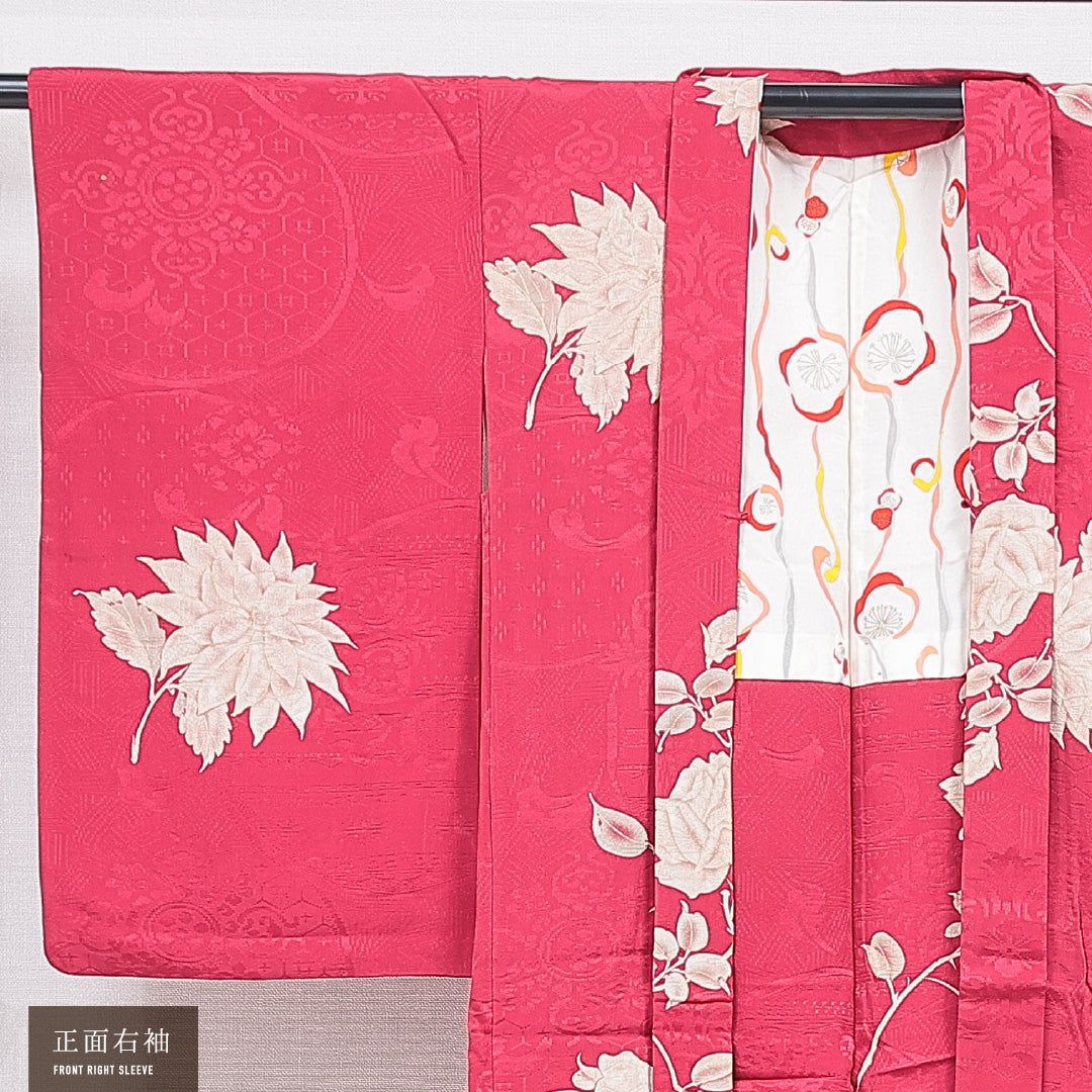 アンティーク 羽織 袷 身丈93cm 裄丈62cm 正絹 Bランク Sサイズ 紋意匠 吉祥文様 薔薇 ピンク系 1217-16837