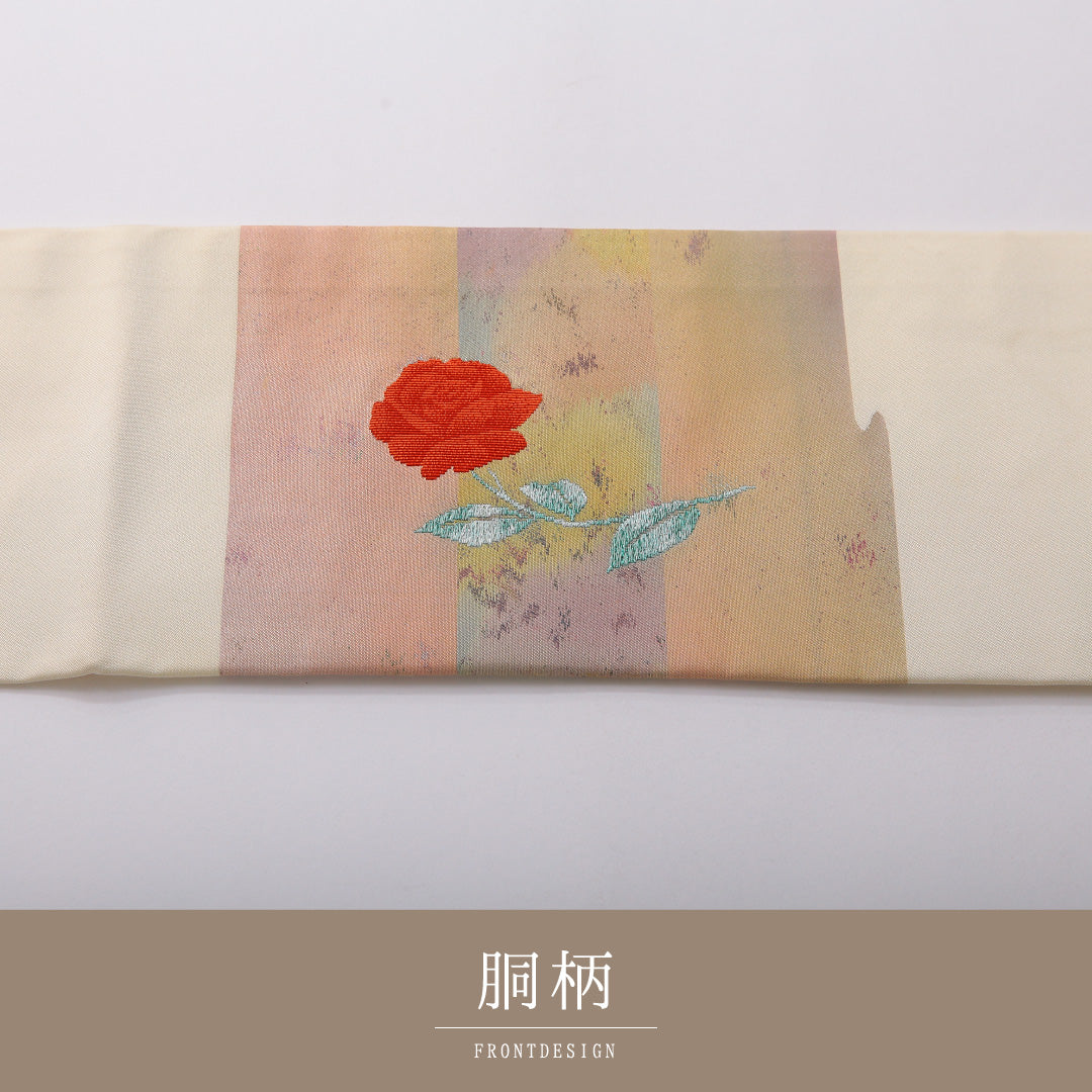 九寸名古屋帯 帯丈359cm カジュアル 名古屋仕立て ポイント柄 Cランク 正絹 綴れ織 薔薇 クリーム系 1224-03491