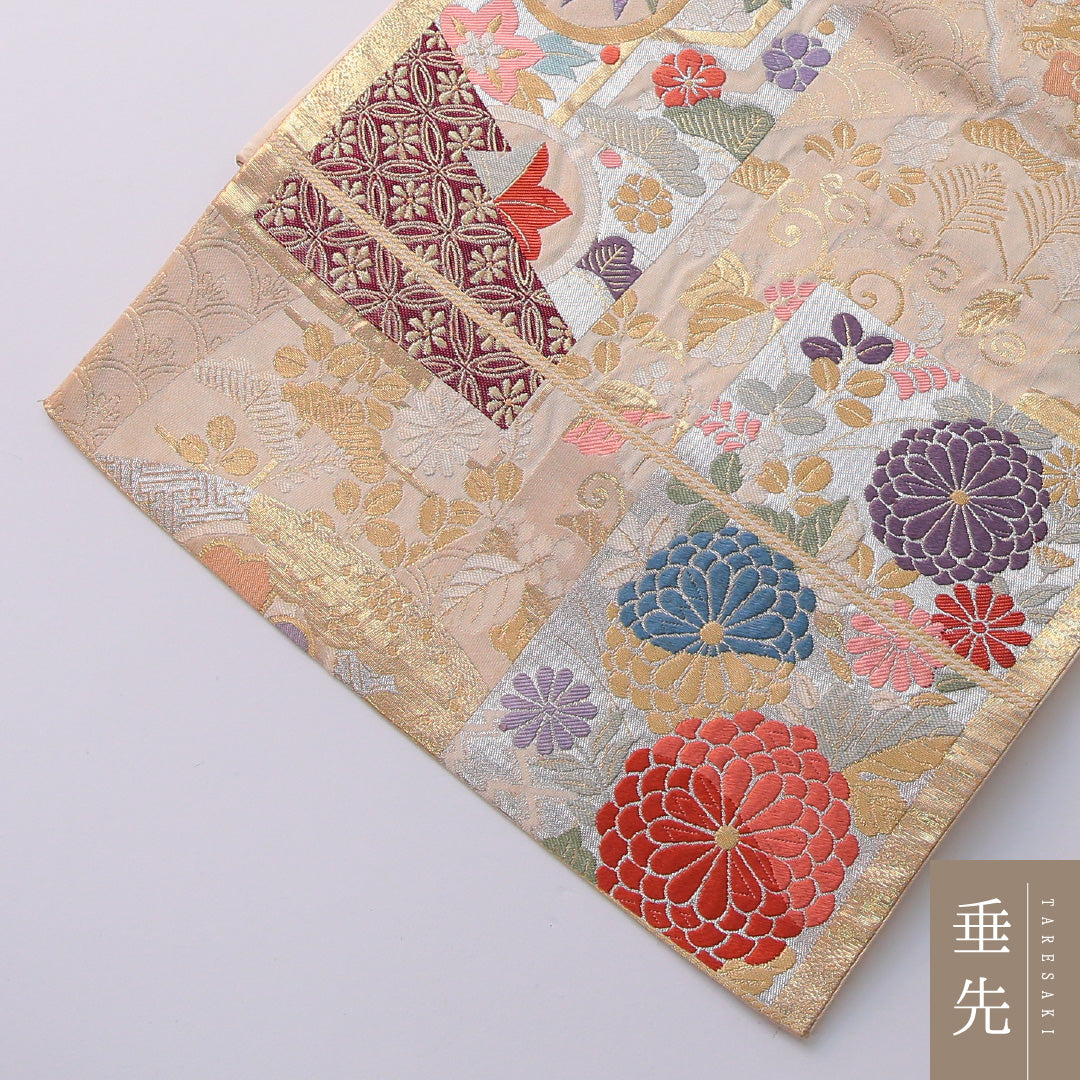 袋帯 帯丈420cm 正絹 六通 フォーマル 裂取り 金系 1243-01936