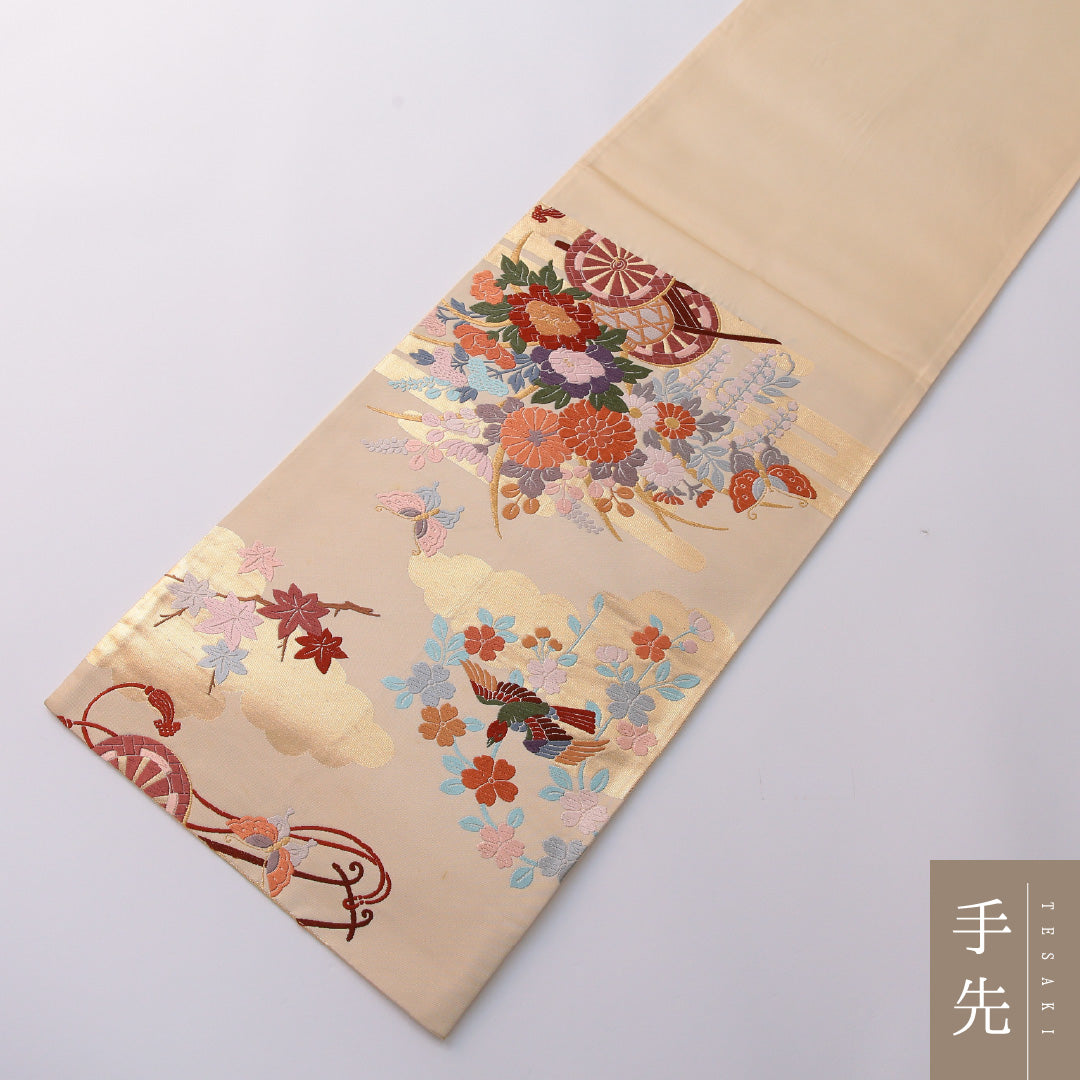 袋帯 帯丈432cm 正絹 六通 フォーマル 御所車 クリーム系 金系 1243-01938