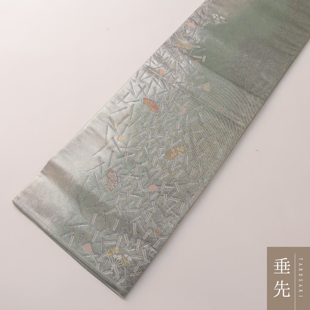 袋帯 帯丈448cm 正絹 ポイント柄 セミフォーマル 扇 緑系 銀系 1243-01913