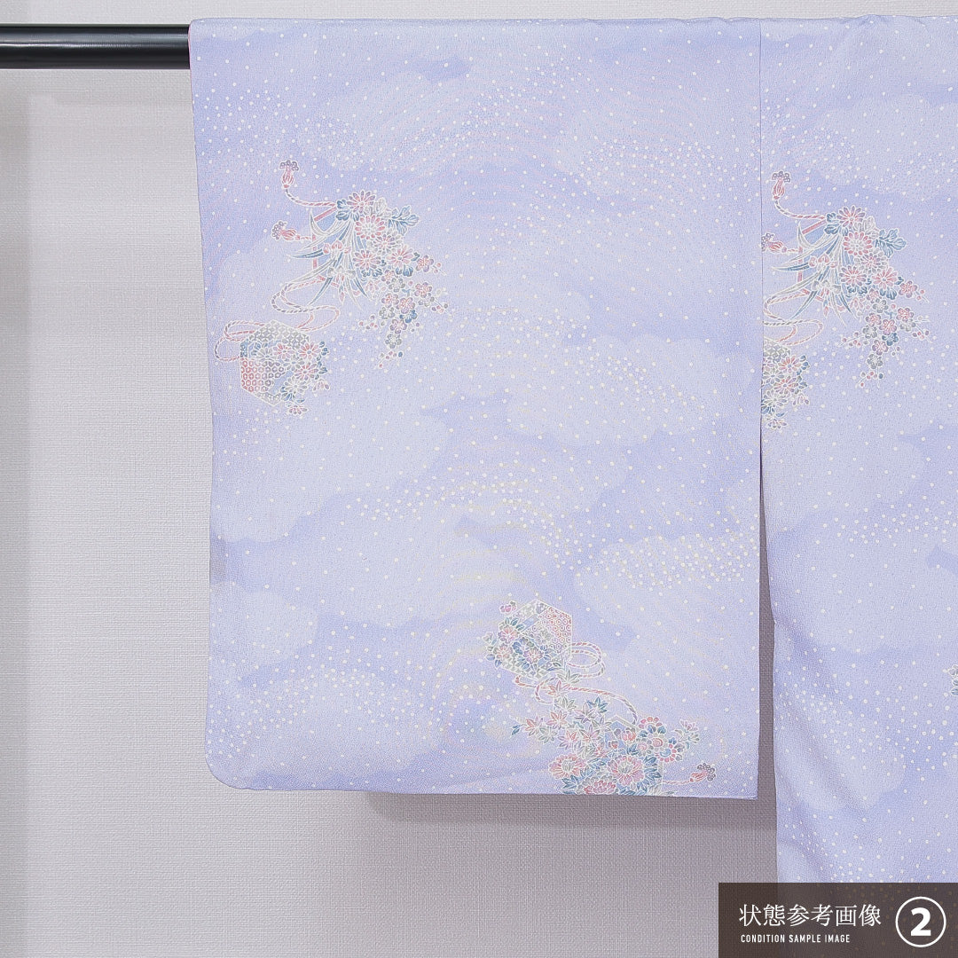 洗える着物 小紋 袷 身丈154cm 裄丈62cm ポリエステル Bランク インフォーマル バチ衿 Sサイズ 椿 吉祥文様 紫系 HP 1221-15848