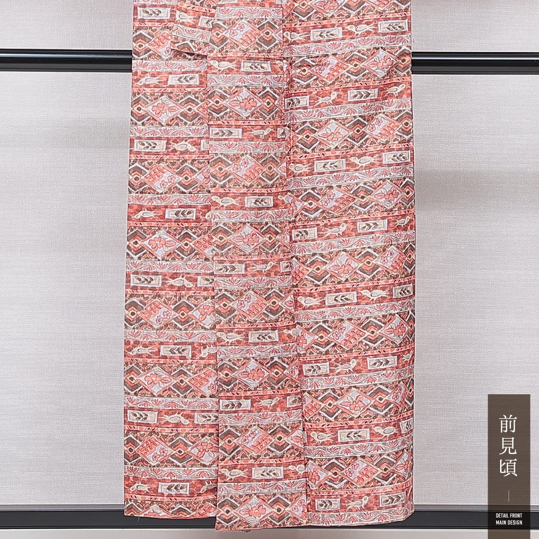 紬 袷 身丈151cm 裄丈62cm 正絹 Aランク カジュアル 広衿 Sサイズ 花柄 朱系 RP 1223-15706