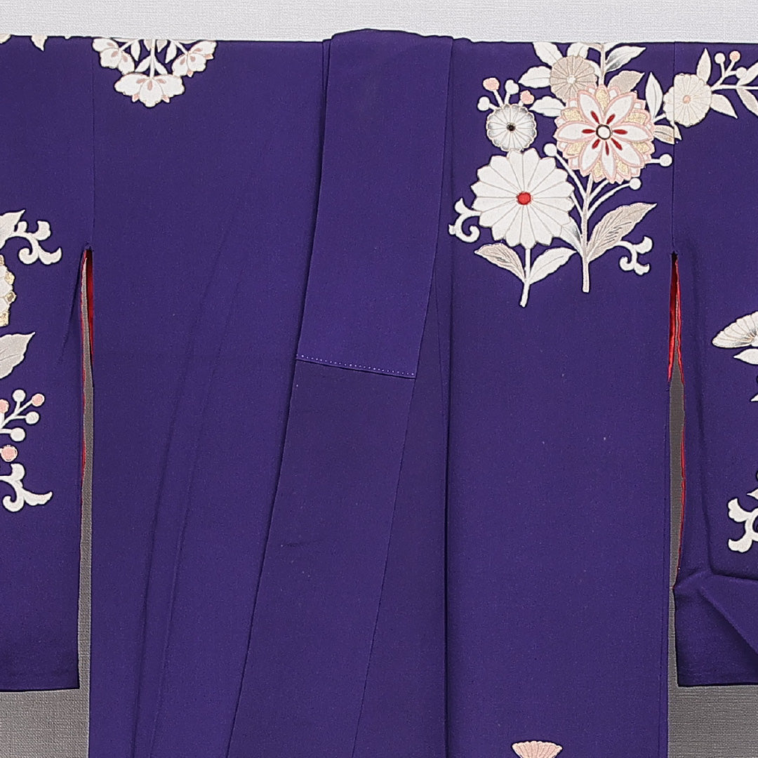 アンティーク 訪問着 袷 身丈156cm 裄丈61cm 正絹 Bランク Mサイズ 広衿 花柄 金彩 紫系 1212-15973