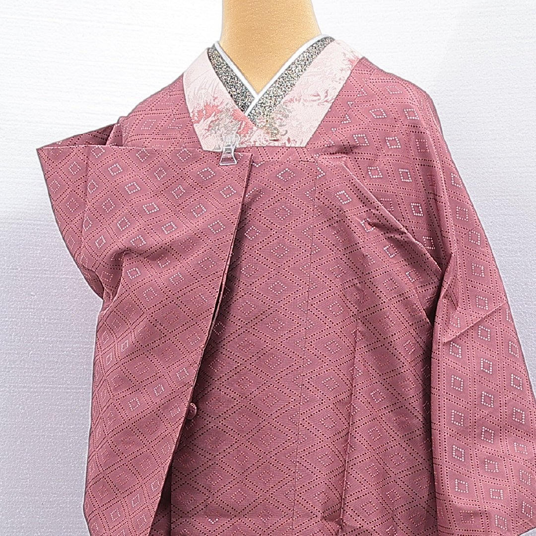 道行コート 単衣 身丈126cm 裄丈64cm 正絹 Sランク セミフォーマル Mサイズ 刺繍 ポケットあり 菱 ピンク系 RP 1237-16789