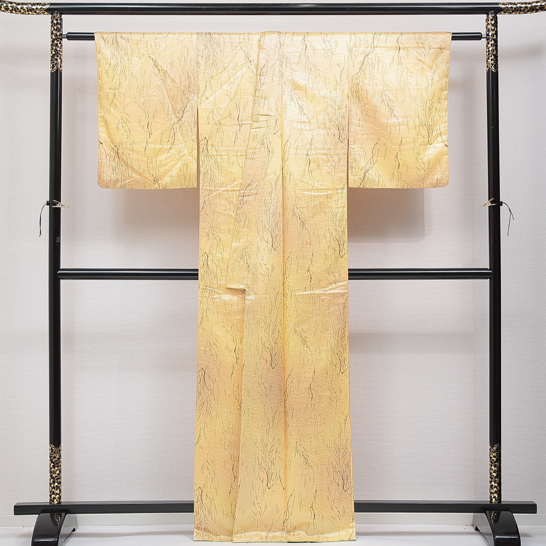 洗える着物 小紋 袷 身丈163cm 裄丈63cm ポリエステル Sランク インフォーマル バチ衿 Lサイズ すすき 黄系 RP 1221-15343