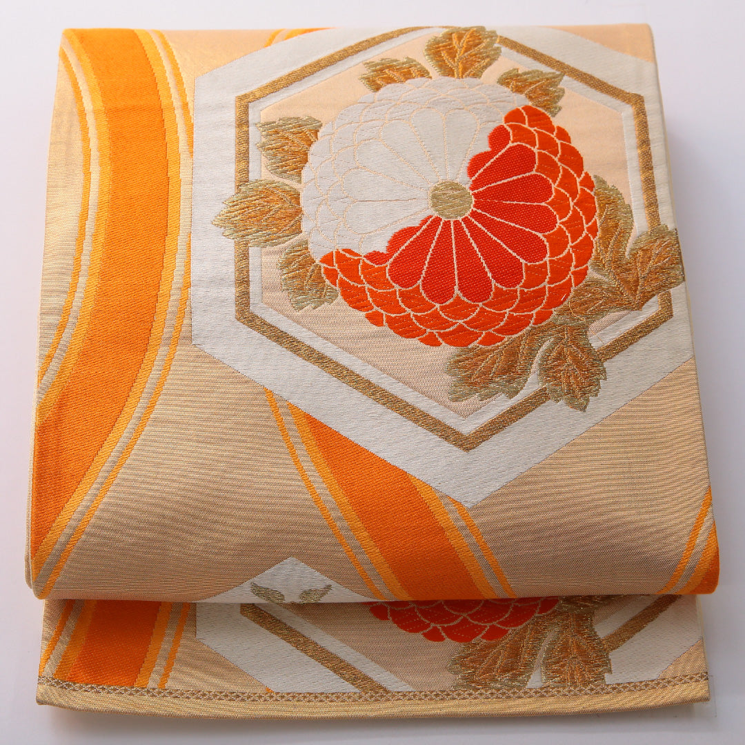 アンティーク 袋帯 帯丈420cm 六通 未仕立て 帯芯なし Aランク 正絹 亀甲 菊 金系 1223-01990