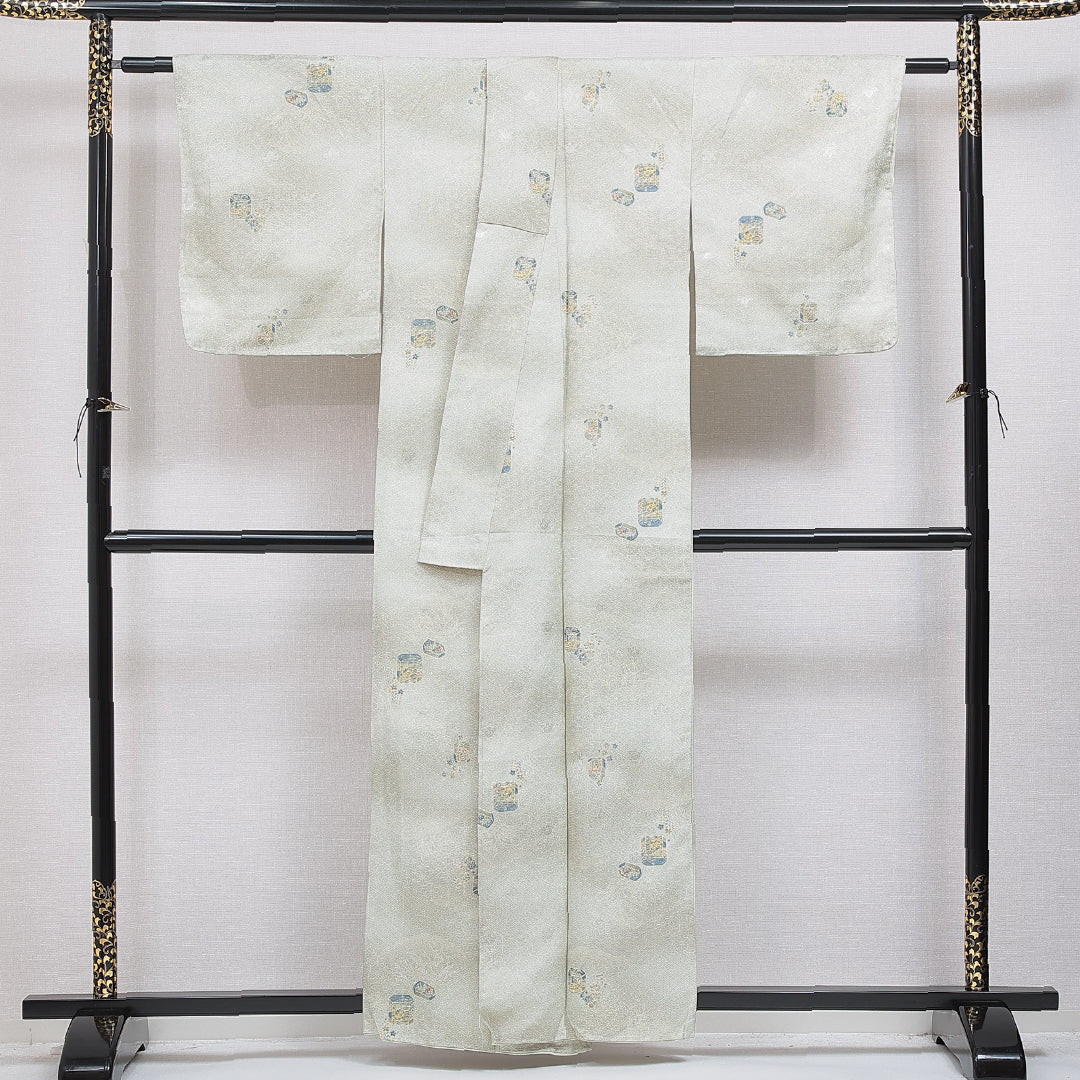 洗える着物 小紋 袷 身丈159cm 裄丈64cm ポリエステル Sランク 紋意匠 (吉祥文様) インフォーマル 広衿 Mサイズ 貝桶 緑系 RP 1221-15984