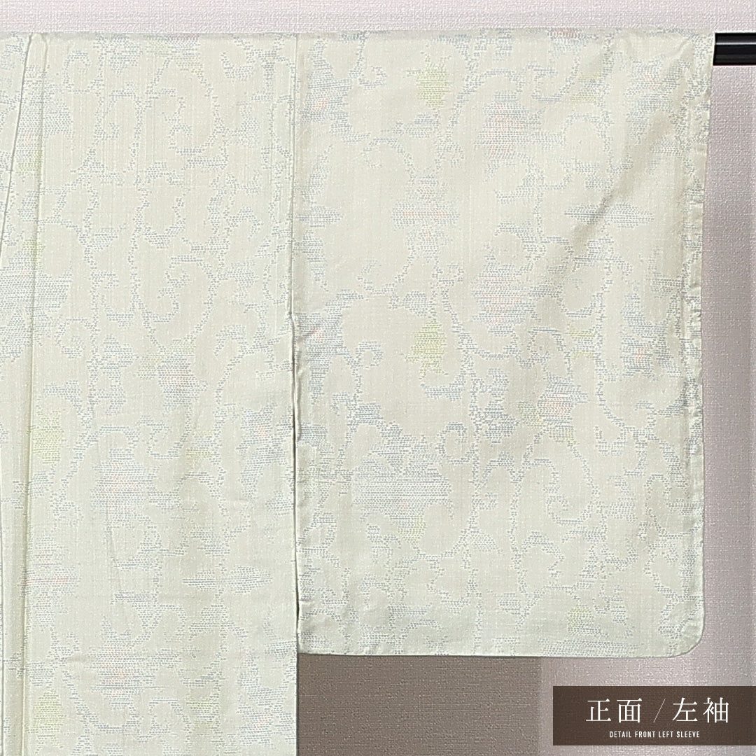 大島紬 袷 身丈157cm 裄丈62cm 正絹 Bランク インフォーマル 広衿 Mサイズ 唐草 緑系 RP 1223-15030
