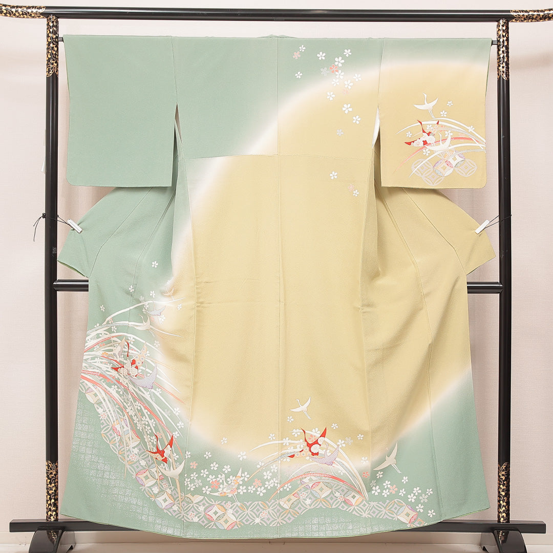 訪問着 袷 身丈159cm 裄丈65cm 正絹 Aランク Mサイズ 広衿 セミフォーマル 鶴 桜 緑系 1212-16892