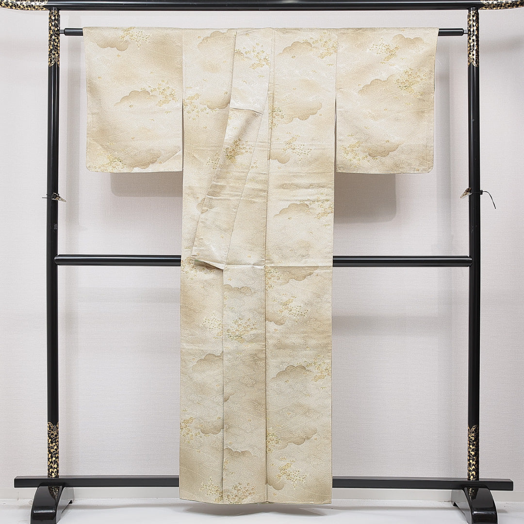 洗える着物 小紋 袷 身丈156cm 裄丈62cm ポリエステル Sランク インフォーマル 広衿 Mサイズ 唐草 古典柄 ベージュ系 RP 1221-15844