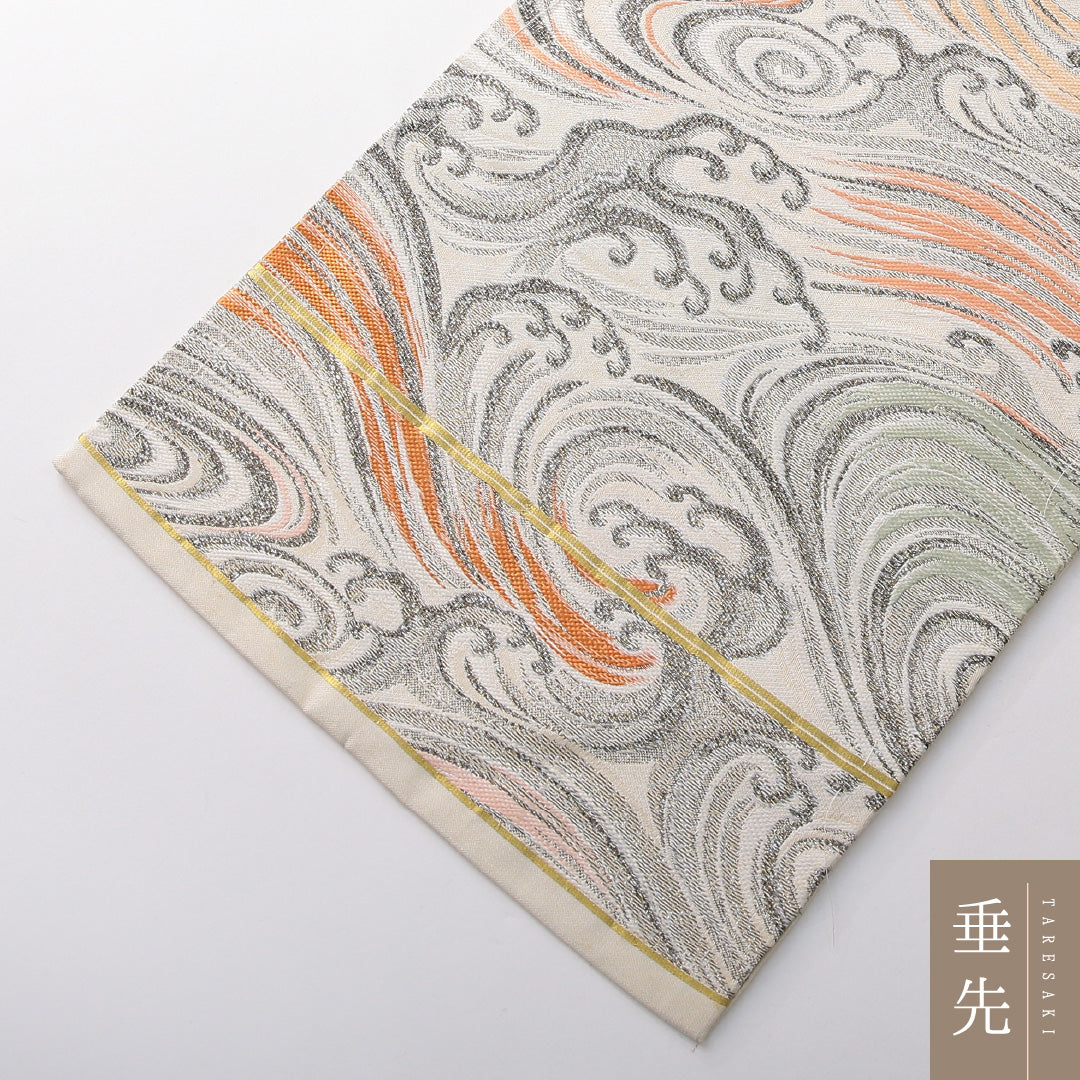 九寸名古屋帯 帯丈339cm カジュアル 名古屋仕立て 六通 Aランク 正絹 波 クリーム系 1224-03819