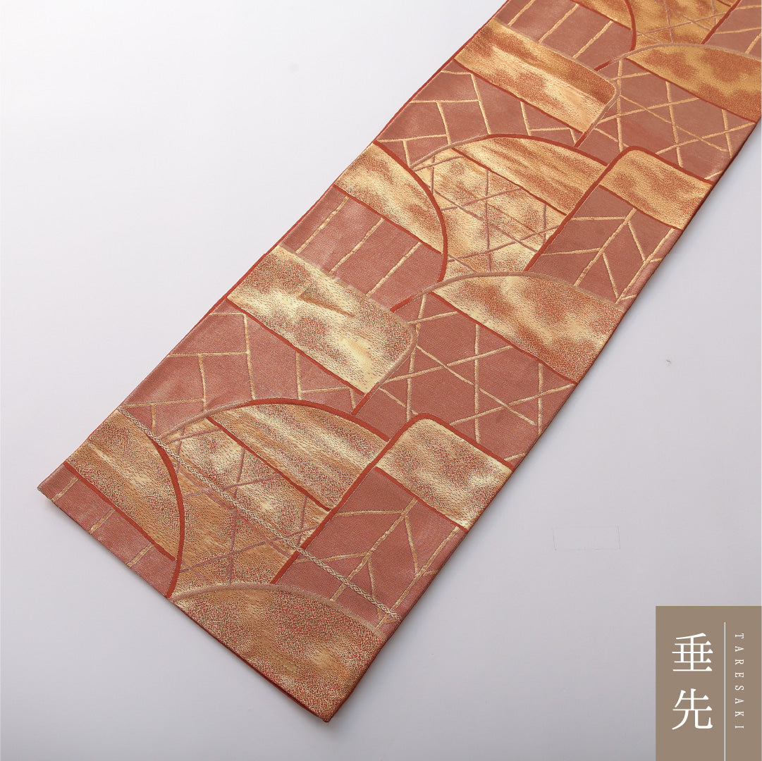 九寸名古屋帯 Aランク 帯丈400cm 正絹 六通 開き仕立て 織り セミフォーマル 光悦垣 朱系・金系 LP 1245-03400