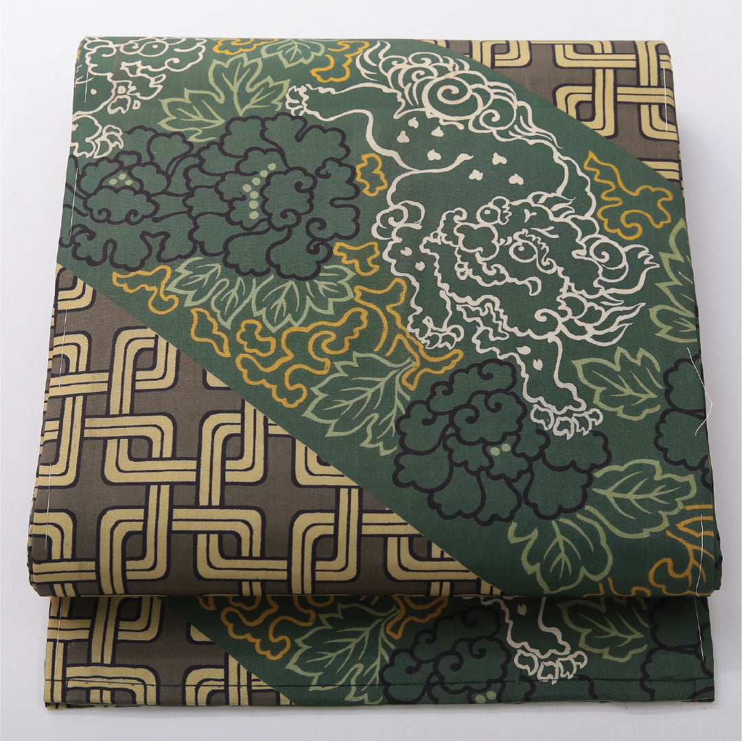 アンティーク 九寸名古屋帯 帯丈356cm セミフォーマル 開き仕立て 全通 Bランク 正絹 染め帯 唐獅子 牡丹 緑系 1224-03686