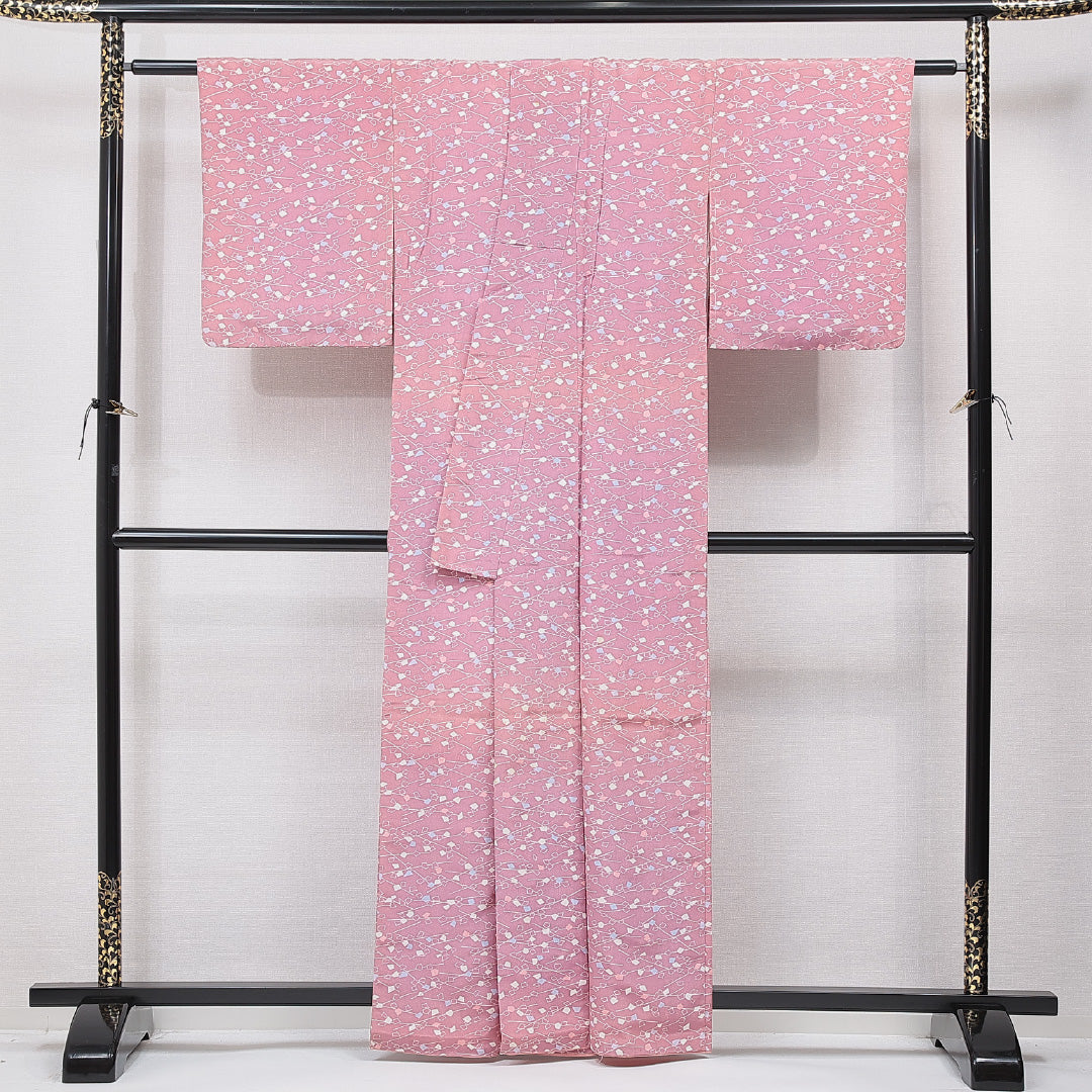 小紋 洗える着物 袷 身丈161cm 裄丈61cm ポリエステル Cランク Lサイズ 広衿 インフォーマル 抽象柄 ピンク系 1215-15804