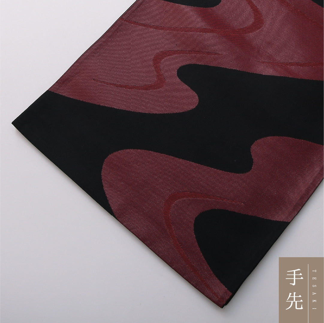 九寸名古屋帯 帯丈370cm カジュアル 開き仕立て 六通 Aランク 正絹 流水 黒系 1224-03513