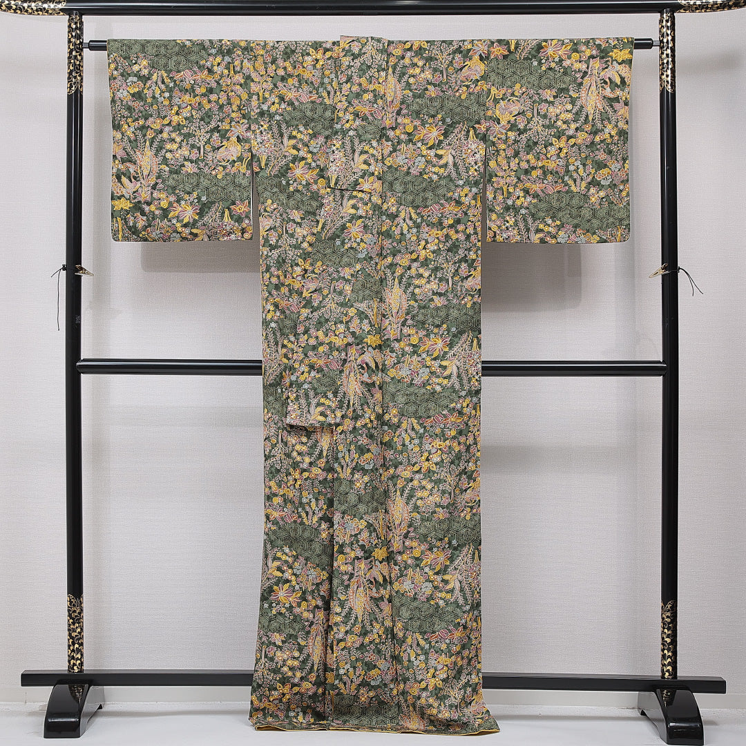 小紋 袷 身丈167cm 裄丈66cm 正絹 Sランク インフォーマル 広衿 XLサイズ 亀甲 花柄 緑系 M4 1221-15876