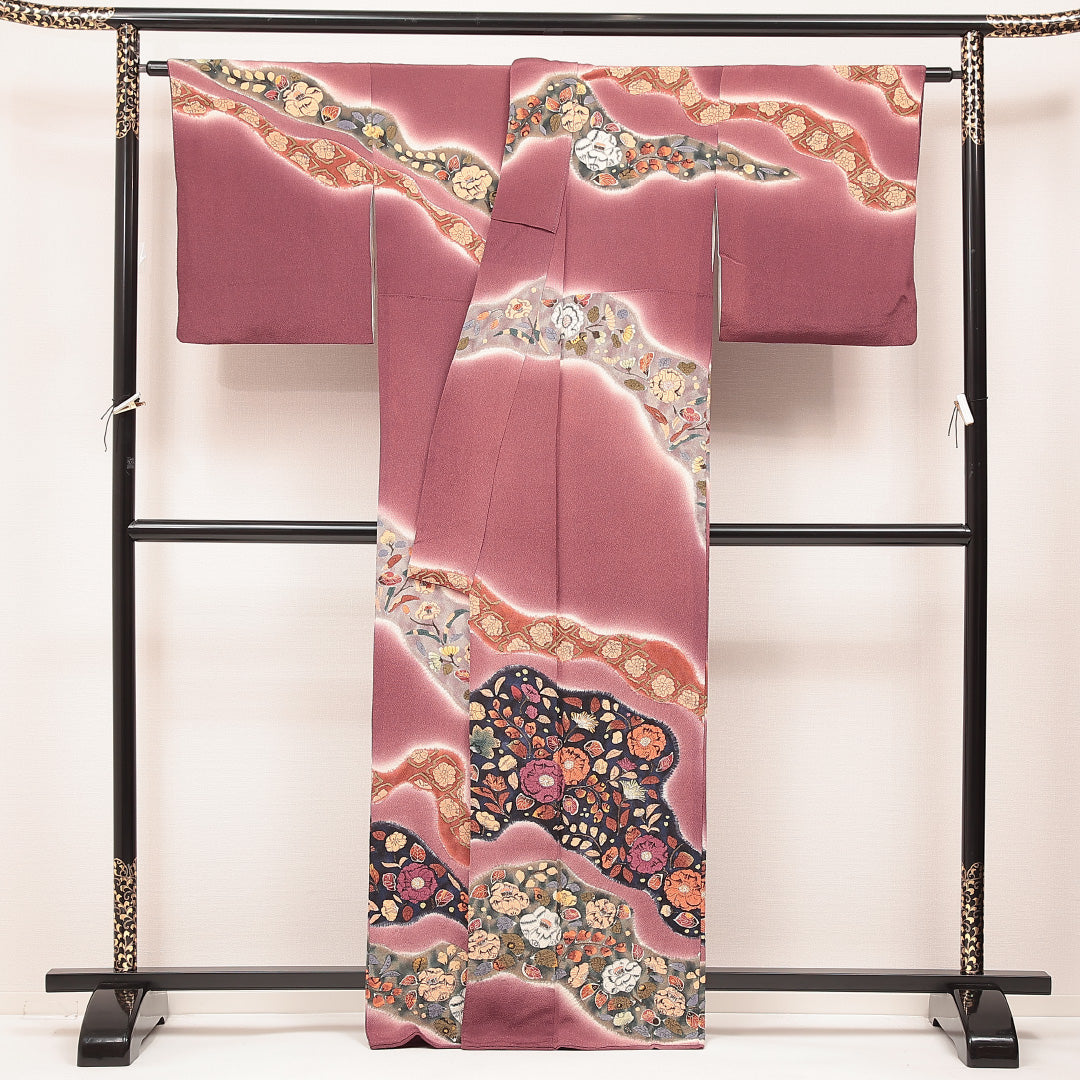 付下げ 袷 身丈165cm 裄丈66cm 正絹 Sランク XLサイズ 広衿 インフォーマル 花柄 ぼかし染 紫系 1261-16880