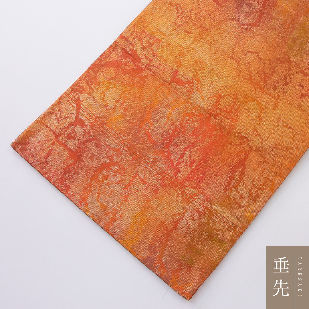 袋帯 帯丈424cm 正絹 ポイント柄 帯芯なし フォーマル 孔雀 鏡裏文 朱系 1243-02212