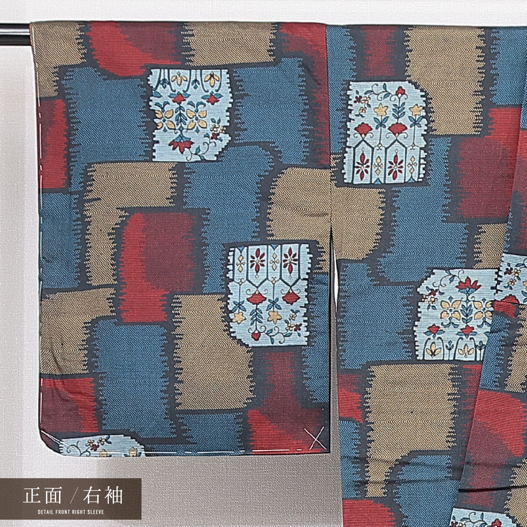 未使用品 紬 袷 身丈158cm 裄丈65cm 正絹 Sランク カジュアル 広衿 Mサイズ 花柄 多色系 RP 1223-15021