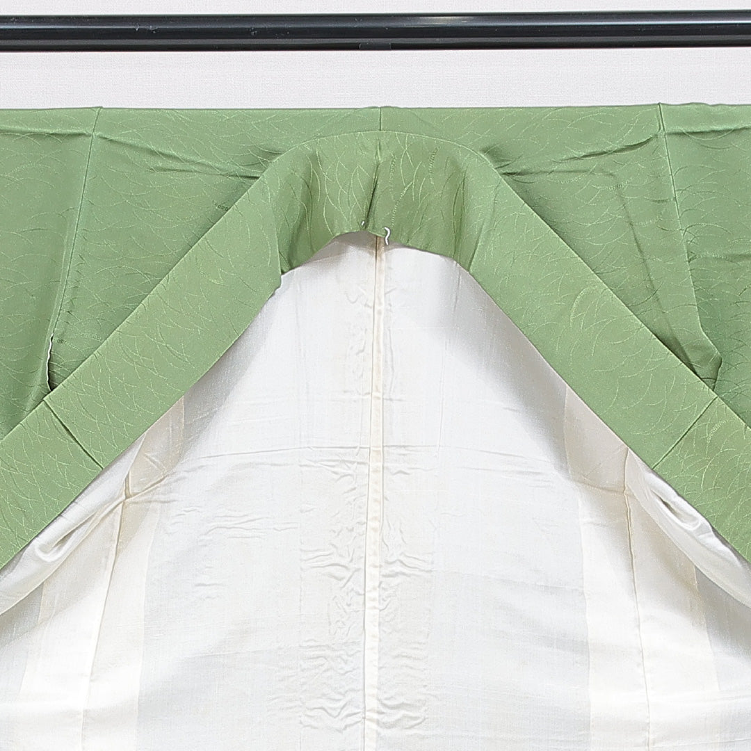 小紋 袷 身丈150cm 裄丈60cm 正絹 モンモリローナイト Sランク Sサイズ 広衿 インフォーマル ちりめん 扇 菊 緑系 1215-15906