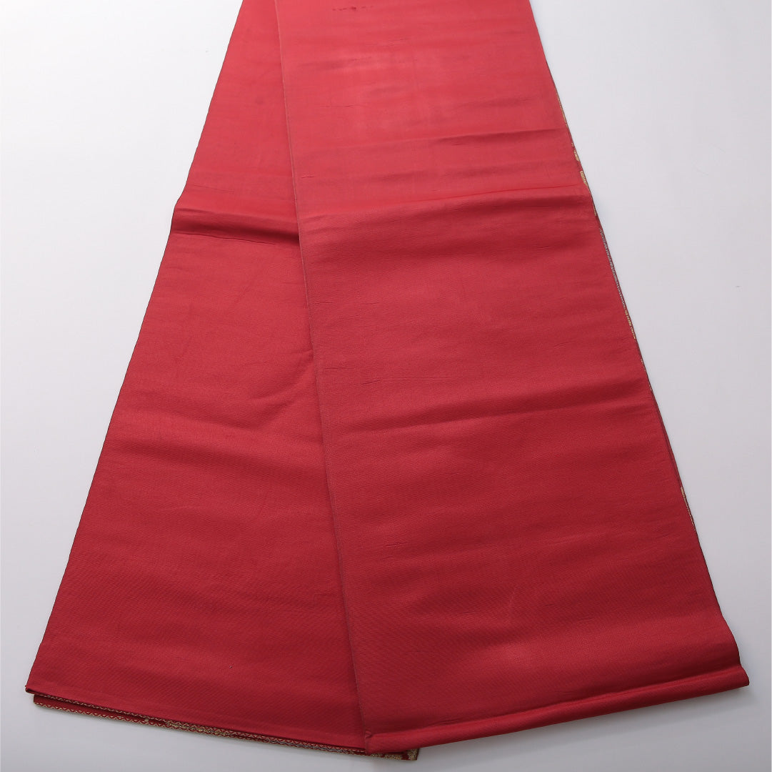 九寸名古屋帯 帯丈396cm セミフォーマル 開き仕立て 六通 Cランク 正絹 有職文様 赤系 1224-03499