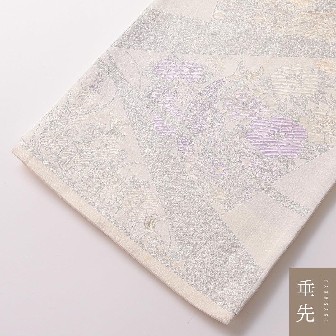 袋帯 帯丈426cm 正絹 六通 フォーマル 扇面文 鳳凰 吉祥文様 白系 銀系 1243-01783