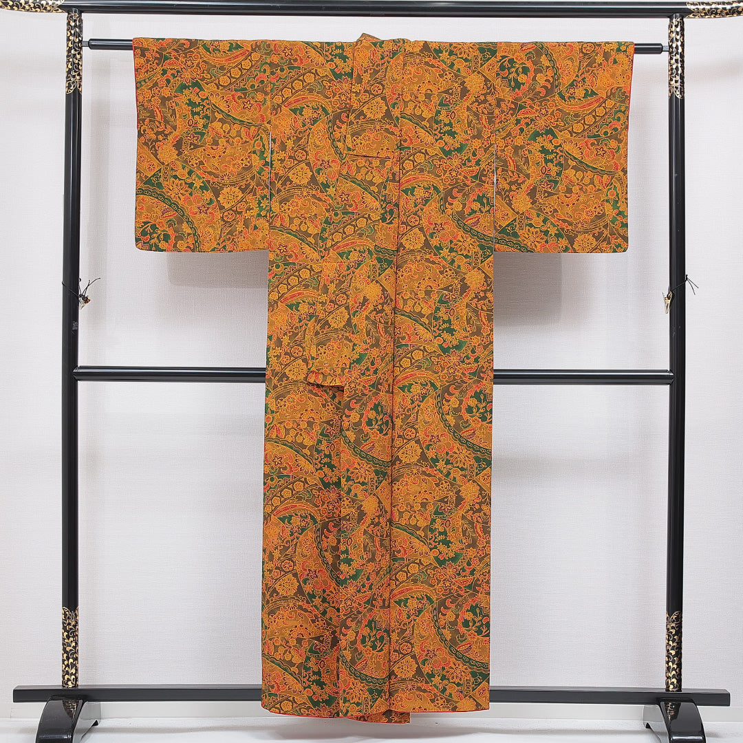 小紋 袷 身丈156cm 裄丈62cm 正絹 Dランク Mサイズ 広衿 インフォーマル ちりめん 多色系 朱系 1215-16665