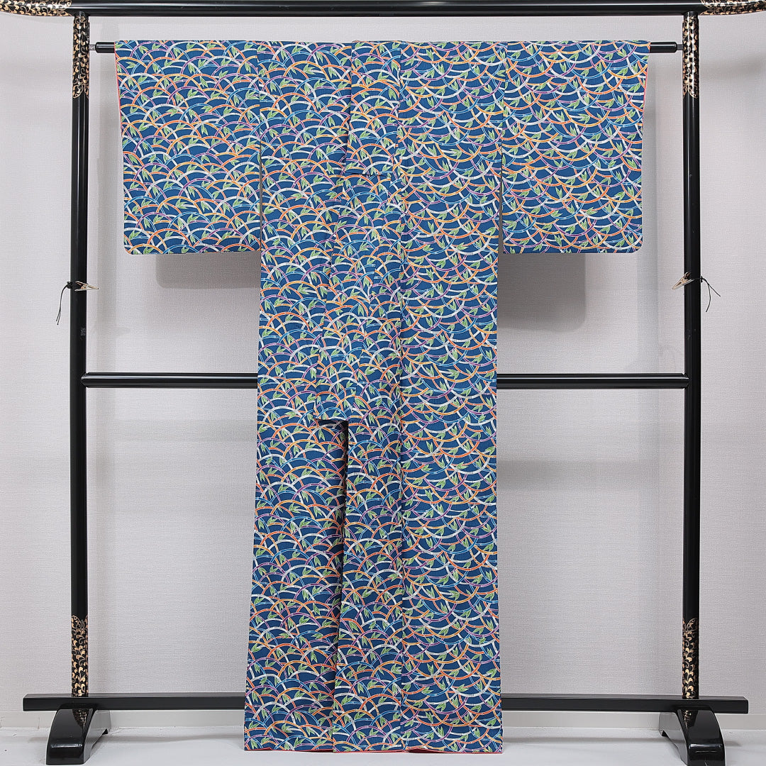 小紋 洗える着物 袷 身丈163cm 裄丈64cm ポリエステル Sランク Lサイズ 広衿 インフォーマル 竹 笹 青系 1215-15793