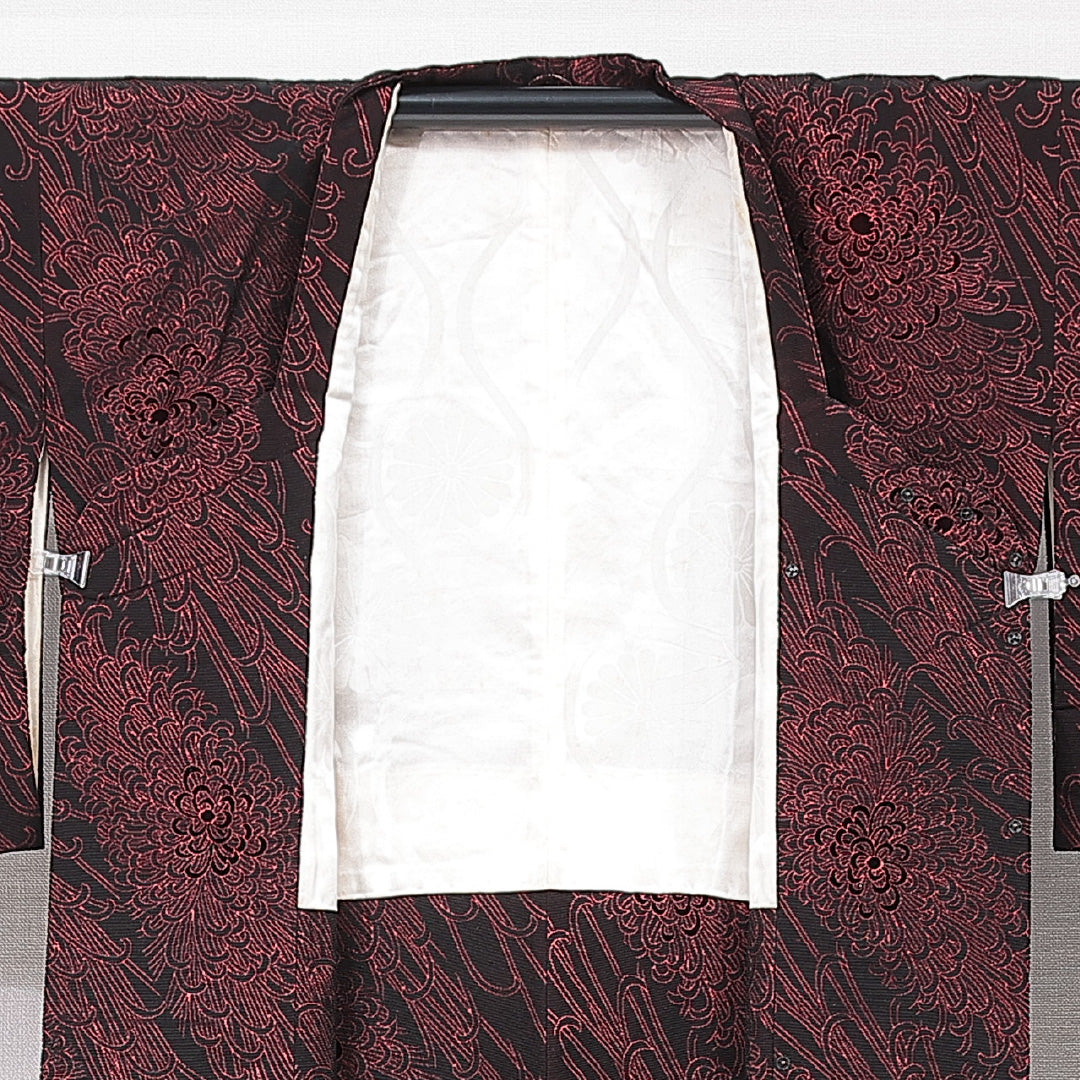 道行コート 袷 身丈103cm 裄丈31cm 正絹 Aランク Sサイズ フォーマル ポケットあり 植物柄 黒系 赤系 1263-15128