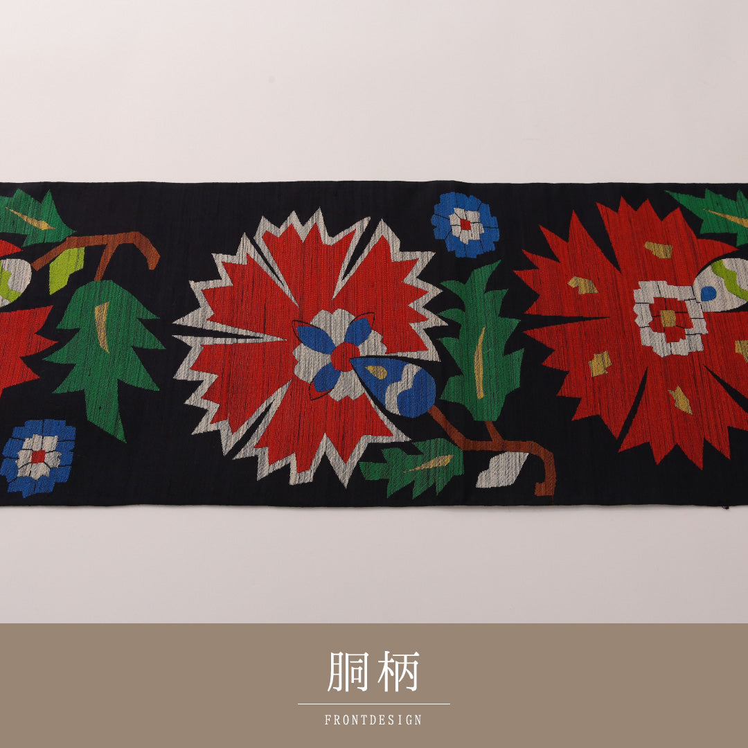 袋帯 帯丈424cm カジュアル 六通 帯芯なし Sランク 正絹 花柄 紺系 1223-01906