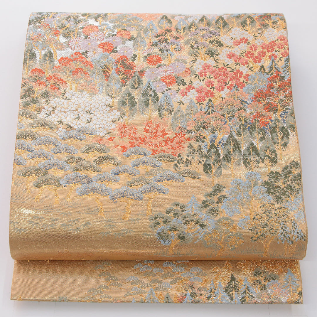 袋帯 帯丈436cm 翠祥錦 フォーマル 六通 Sランク 正絹 桜 松 証紙 金系 1223-02325