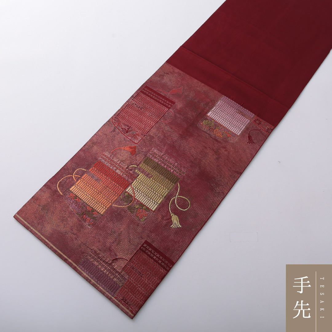 袋帯 帯丈420cm フォーマル 六通 Sランク 正絹 組紐 赤系 1223-02068