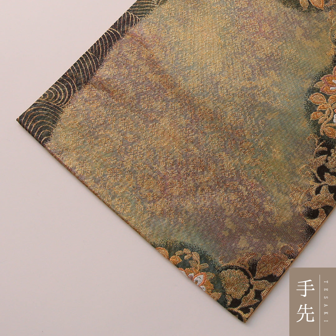 袋帯 帯丈428cm フォーマル 六通 Sランク 正絹 唐華 金系 黒系 1223-01899